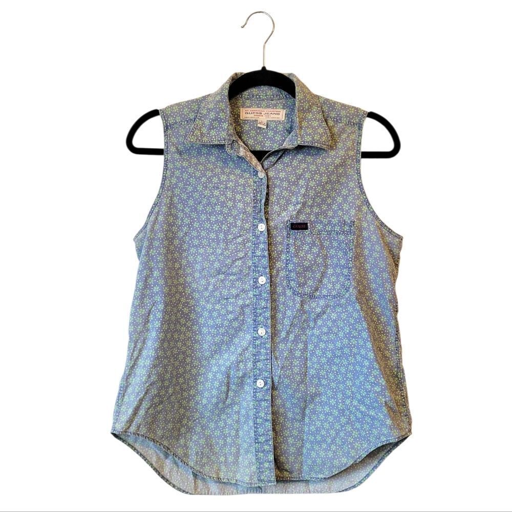 Vintage Y2K Guess Women's Light Blue Chambray Floral Top Size L